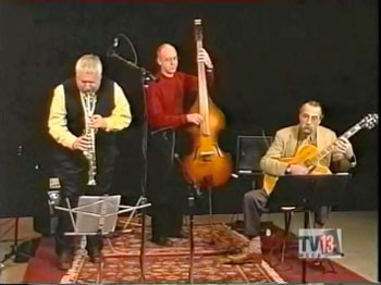 Ten String Swing performing with guitar, bass and winds